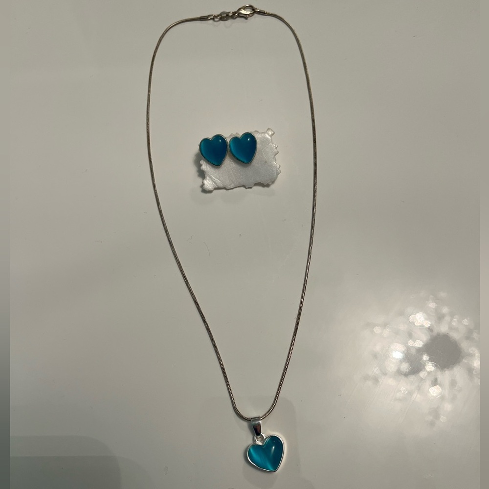 NWOT Sterling Silver 925 Blue Heart Pendant Necklace & Stud Earrings